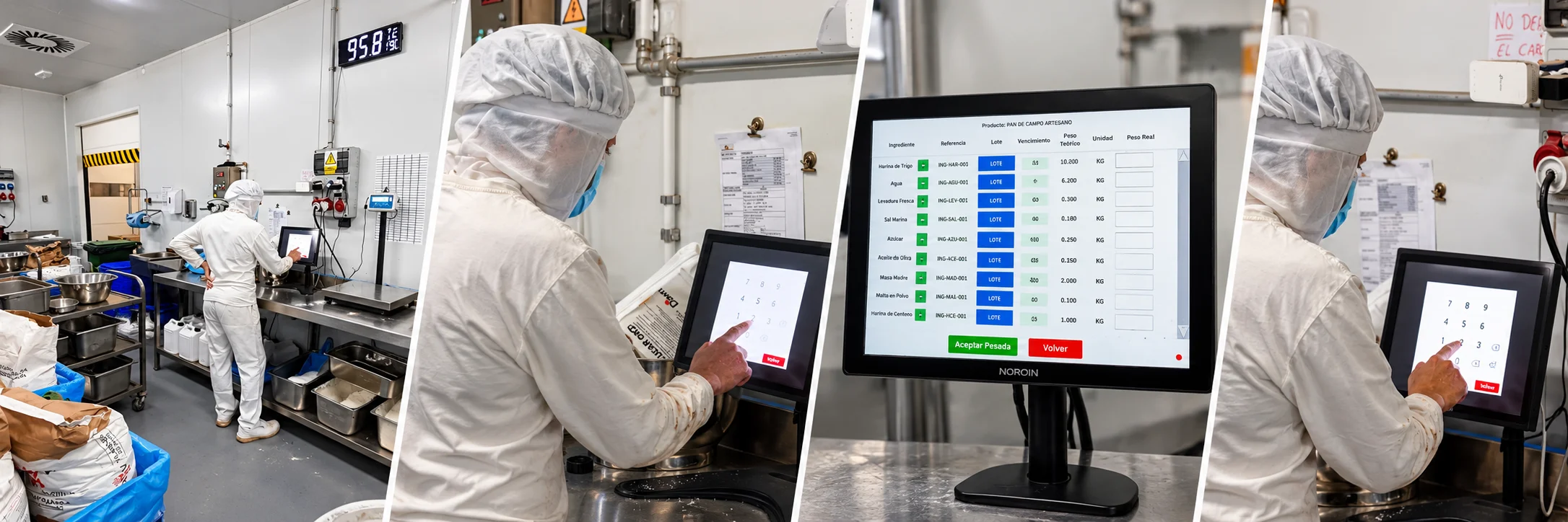 Estructura Bit Trace funcionando en planta de IBKTropic: pantalla táctil IP65 con registro de masas, lotes e ingredientes